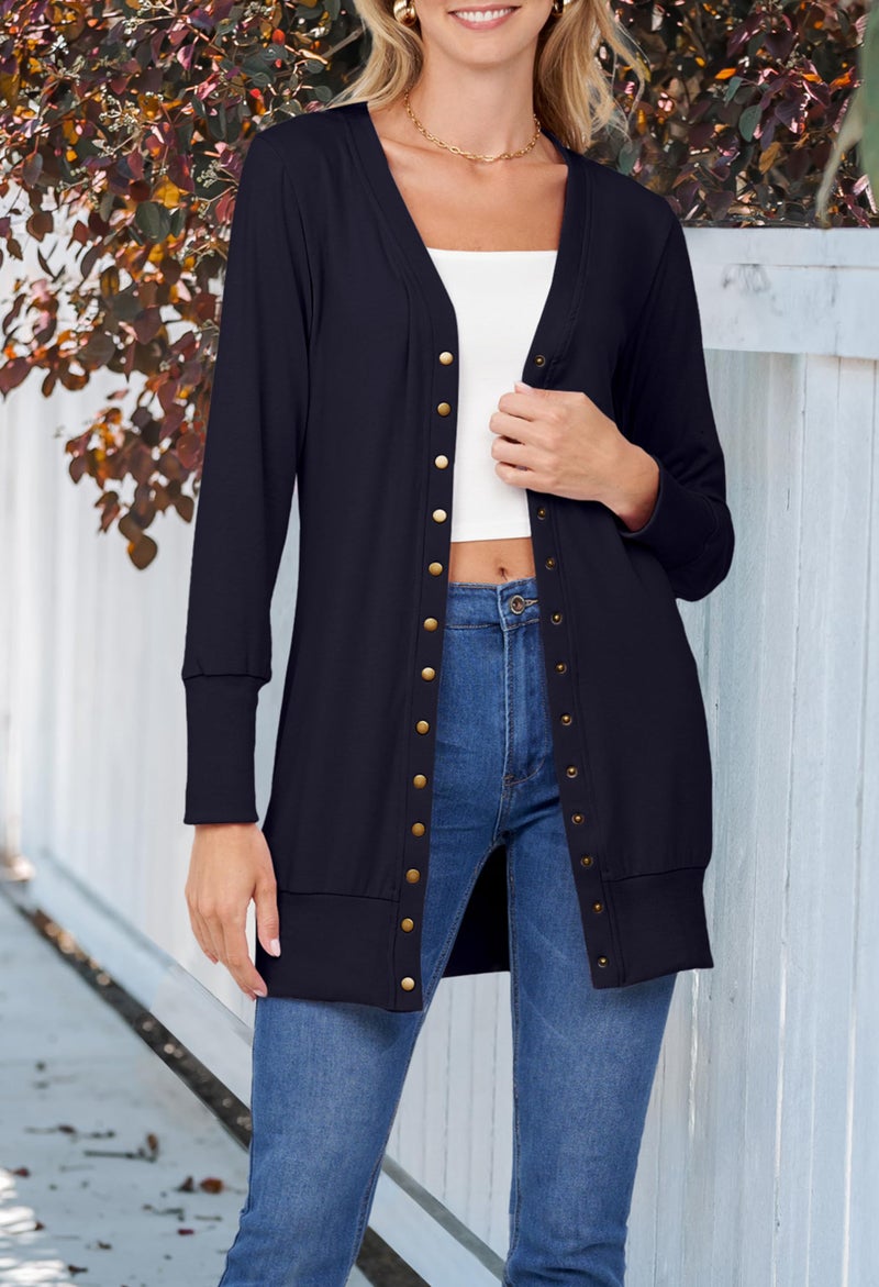 MEROKEETY Women's 2026 Spring Long Sleeve Cardigan Sweater Lightweight Snap Button Down Open Front Casual Outfit, Black, L - Image 2